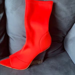Red peep toe clear wedge shoe
